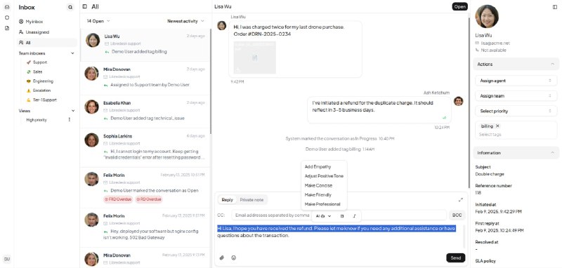 Libredesk：开源的自托管客户支持桌面应用程序，提供单一二进制文件，支持多渠道对话管理、自动化规则、客户满意度调查、宏命令、组织管理、自动分配、服务水平协议管理、商业智能连接以及人工智能辅助的回复改写等功能