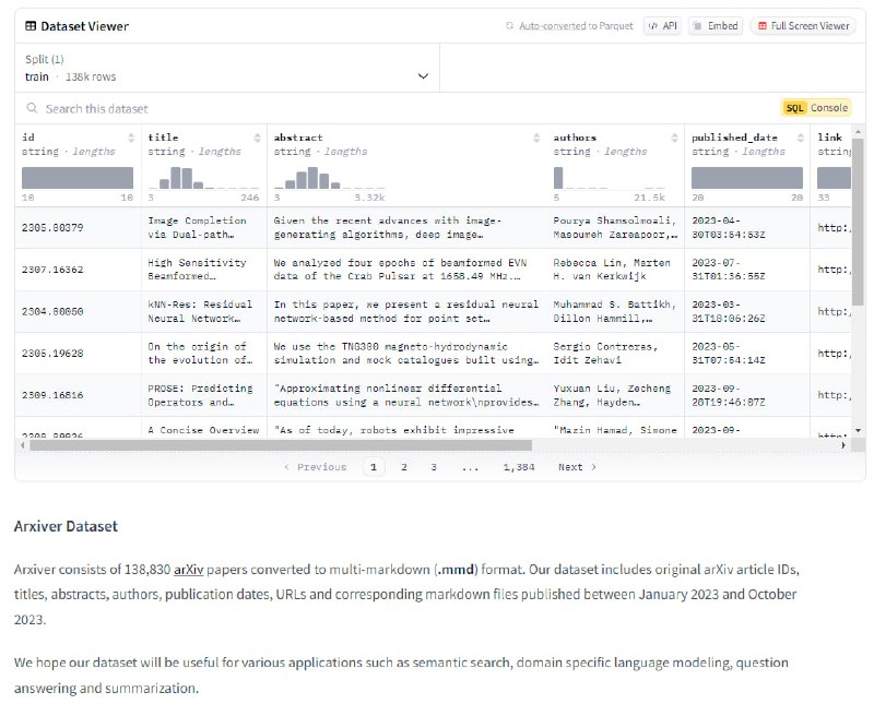 huggingface上的一个13.8万篇arXiv上的论文的数据集 | link该数据集包含了138,830篇arXiv上的论文，这些论文被转换成了多标记（.mmd）格式
