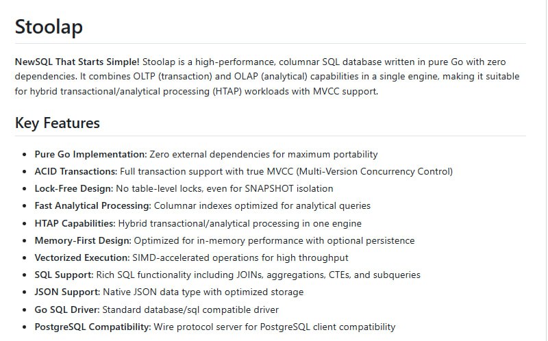 Stoolap：一款高性能、零依赖的纯Go语言SQL数据库，支持事务处理和数据分析