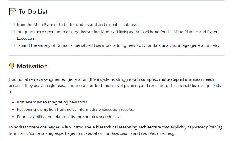 HiRA：分层推理框架，让复杂搜索和深度推理变得简单高效 | #框架规划与执行分离，避免推理污染；支持多模态理解和代码执行；即插即用，无需重新训练即可扩展新工具HiRA：分层推理框架，让复杂搜索和深度推理变得简单高效 | #框架规划与执行分离，避免推理污染；支持多模态理解和代码执行；即插即用，无需重新训练即可扩展新工具