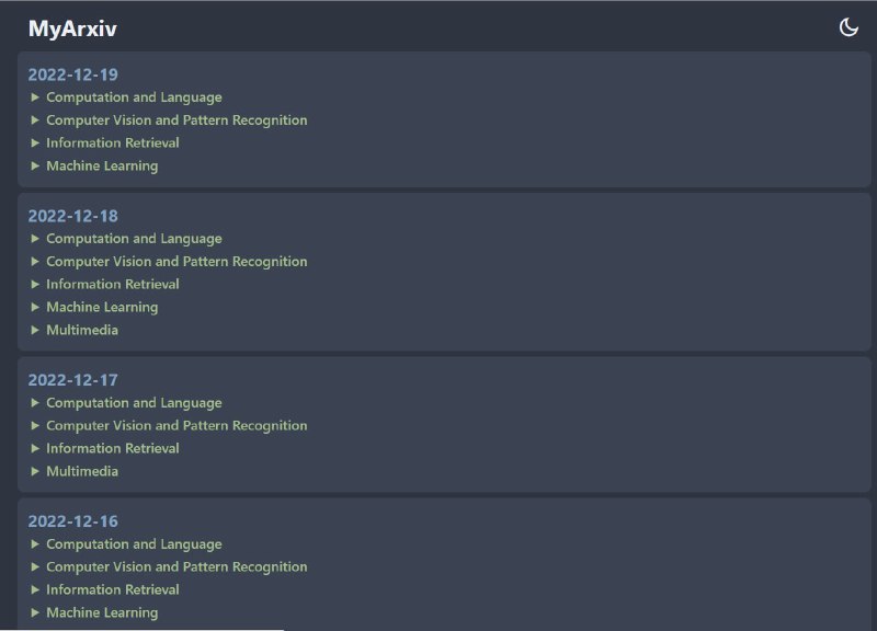 基于Arxiv官方API与Github Actions相关服务，提供Arxiv的定制化服务，使用者可以通过配置相关文件，从Arxiv每日发布的最新研究成果中，实现个性化轻松地阅览属于自己的Arxiv网站基本功能：跟踪指定领域的最新成果缓存指定时段的文章信息特色功能：快速聚焦到文章标题中的指定关键字方便注意到文章作者中的指定学者及时了解到相关知名会议、期刊的学术文章MyArxiv | #科研