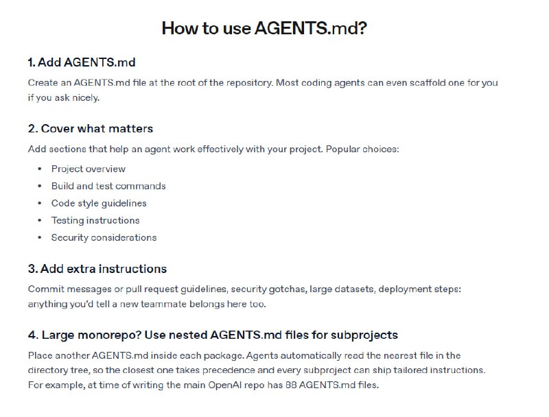 AGENTS.md 正式上线，成为 AI 编码代理的“README” —— 一个简单开放的格式，专门用来为编码代理提供清晰、统一的上下文和指令
