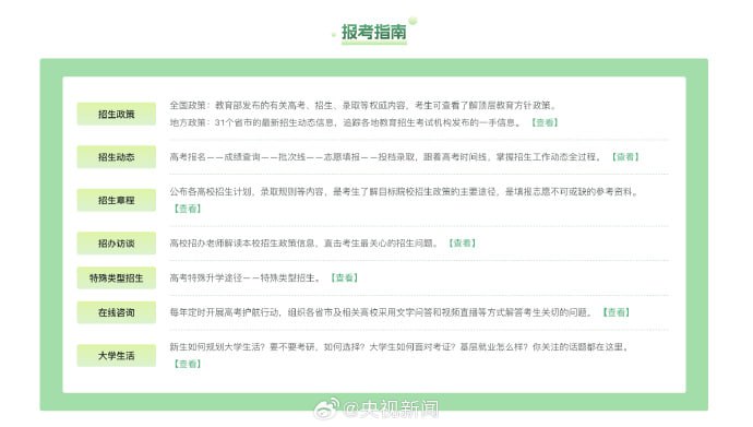 微博热搜：教育部阳光高考平台首次推出“阳光志愿”信息服务系统，今天正式上线！平台集成海量数据，详尽的专业库、院校库、就业前景等，免费向千万考生开放使用