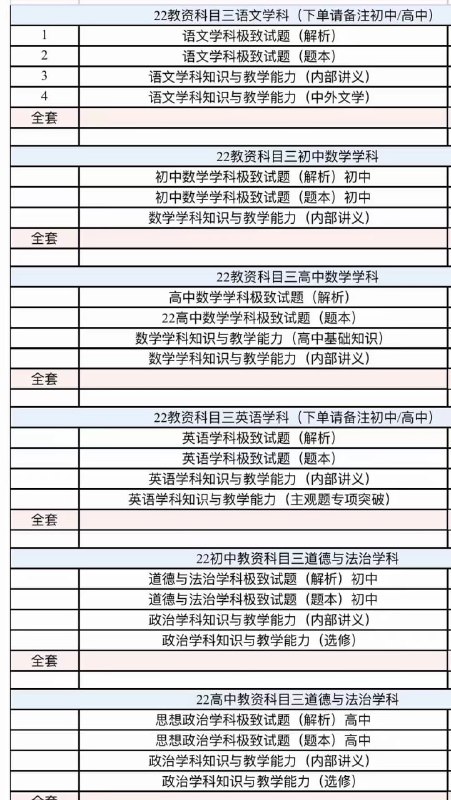 2022FB上教师资格证科三 现货FB教资科目三现货科目：语文，数学，英语，音乐，体育，美术，政治，历史，地理，物理，化学，生物，信息技术（初中，高中）高质量精品道林纸，还是老质量和服务下单备注好高中/初中，科目及精装/简装精装一套 售价80简装一套 售价652022FB上教师资格证科三 现货FB教资科目三现货科目：语文，数学，英语，音乐，体育，美术，政治，历史，地理，物理，化学，生物，信息技术（初中，高中）高质量精品道林纸，还是老质量和服务下单备注好高中/初中，科目及精装/简装精装一套 售价80简装一套 售价65