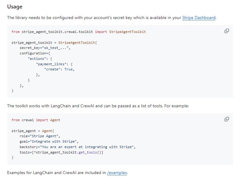 一个面向AI Agent的Stripe API集成工具库，支持Python和TypeScript，可与LangChain、CrewAI和Vercel AI SDK等主流AI Agent框架无缝对接