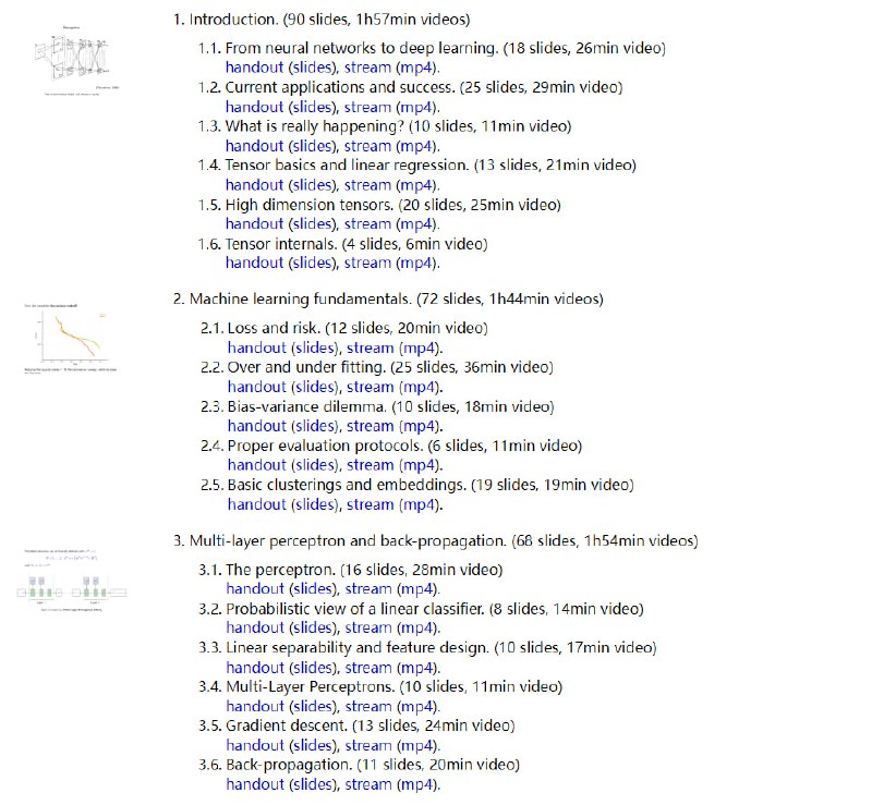 瑞士日内瓦大学 François Fleuret 的深度学习课程 | 课程地址 | #机器学习本课程全面介绍深度学习，并提供PyTorch 框架中的示例：machine learning objectives and main challenges,tensor operations,automatic differentiation, gradient descent,deep-learning specific techniques,generative, recurrent, attention models.课程包含14x050 的幻灯片、录音和虚拟机 