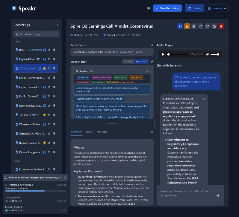 Speakr：个人音频转录与交互，轻松搞定会议记录自动识别说话人，精准标注；一键重处理转录，灵活调整设置；交互式聊天，随时提问获取总结Speakr：个人音频转录与交互，轻松搞定会议记录自动识别说话人，精准标注；一键重处理转录，灵活调整设置；交互式聊天，随时提问获取总结