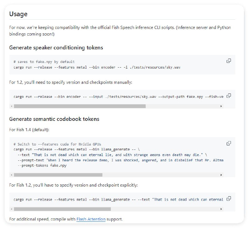 用Rust编写的文本到语音转换工具，能将文本转换为多种语言的语音，特色在于使用了先进的CUDA技术来提升处理速度fish-speech.rs | #工具用Rust编写的文本到语音转换工具，能将文本转换为多种语言的语音，特色在于使用了先进的CUDA技术来提升处理速度fish-speech.rs | #工具