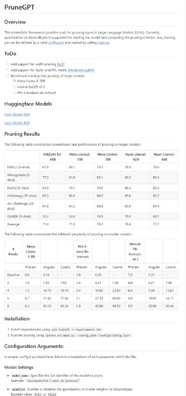 PruneGPT：大型语言模型层级剪枝工具，支持量化技术，通过配置文件定义剪枝任务，旨在提高模型效率和性能 | #工具