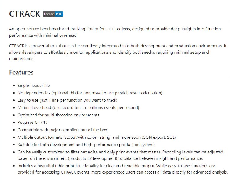 CTrack：开源C++性能基准测试与追踪库，为开发者提供深入的函数性能洞察，最小化开销