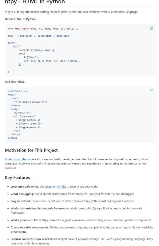 Python中编写HTML的高效工具，无需模板语言，提升从Python后端生成HTML的生产力和体验htpy | #工具