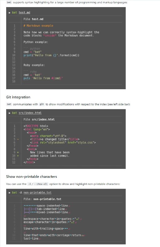 bat：一个cat命令的替代品，对大部分编程语言和标记语言提供语法高亮，能从 git 中获取文件的修改并展示在边栏