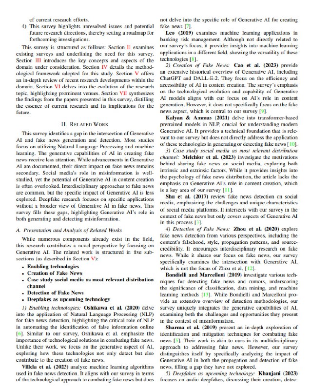 通过结构化文献调研，全面系统地总结和分析了生成式AI在假新闻生成与检测中的应用现状、关键技术、主要课题和未来方向