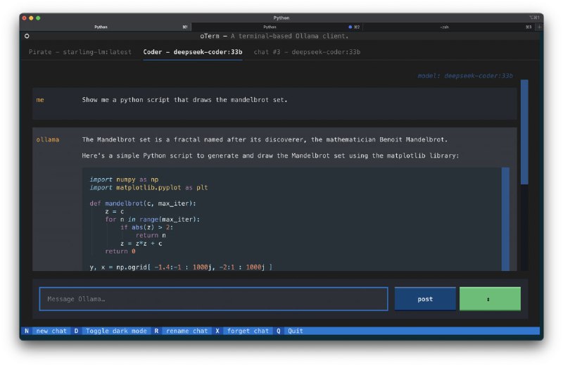 oterm：Ollama的文本终端客户端-直观简单的终端用户界面，无需运行服务器、前端，只需oterm在终端中输入即可