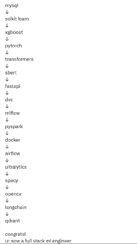 机器学习全栈工程师的技能图谱，浓缩了从数学基础到大规模部署的全链条技术栈，勾勒出现代 ML 工程的全貌 | #机器学习• 数学/统计 → Python → Pandas、NumPy（数据处理与数值计算）  • Matplotlib（数据可视化）  • MySQL（关系型数据库管理）  • Scikit-learn → XGBoost（传统机器学习模型）  • PyTorch → Transformers → SBERT（深度学习与预训练语言模型）  • FastAPI（高性能接口开发）  • DVC、MLflow（数据版本管理与实验追踪）  • PySpark（大数据处理）  • Docker（容器化部署）  • Airflow（工作流调度）  • Ultralytics、SpaCy、OpenCV（计算机视觉与NLP工具）  • Langchain、Qdrant（现代大模型应用与向量数据库）这条路径体现了从理论到实践、从模型训练到工程落地的全流程能力，远超单点技能积累