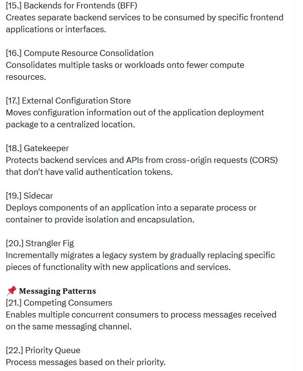 云原生架构的稳定与高效，离不开这22个核心设计模式，掌握它们是构建弹性系统的必备技能 | @techNmak • 可用性模式    - Circuit Breaker：阻断失败操作，防止雪崩效应    - Retry：自动重试，处理瞬时故障    - Throttling：限制资源消耗，防止过载    - Health Endpoint Monitoring：实时健康检查    - Queue-Based Load Leveling：通过队列缓冲请求，平滑负载    - Scheduler Agent Supervisor：分布式任务协调  • 数据管理模式    - Cache-Aside：按需缓存，减轻数据库压力    - CQRS：读写分离，优化性能与扩展    - Event Sourcing：事件驱动，完整审计轨迹    - Materialized View：预计算视图，提升查询效率    - Sharding：水平拆分，支持大规模数据存储    - Valet Key：受控访问，安全授权机制  • 设计与实现模式    - Ambassador：代理服务，简化网络请求管理    - Anti-corruption Layer：新旧系统隔离，防止污染    - Backends for Frontends (BFF)：定制化后端，提升前端体验    - Compute Resource Consolidation：资源整合，降低成本    - External Configuration Store：集中配置管理，方便运维    - Gatekeeper：权限守门，防止非法跨域访问    - Sidecar：边车模式，隔离服务组件    - Strangler Fig：渐进替换遗留系统，平滑迁移  • 消息模式    - Competing Consumers：多消费者并发处理，提高吞吐    - Priority Queue：优先级消息处理，保障关键任务  这些模式不仅提升系统容错和扩展能力，更是云架构设计的底层智慧，帮助工程师应对复杂现实，构建长远可靠的服务