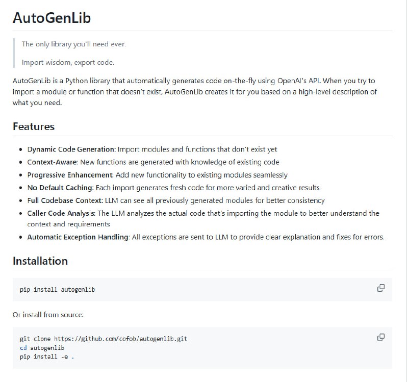 一个动态代码生成工具，它允许开发者导入不存在的模块或函数，并通过 OpenAI API 自动生成所需的代码