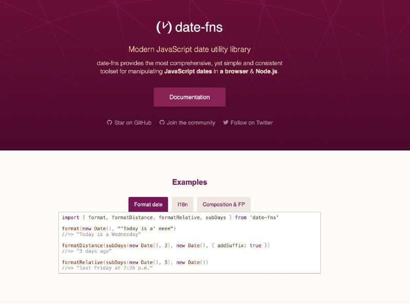 date-fns提供了最全面、但简单且一致的工具集，用于在浏览器和Node.js 中操作JavaScript 日期