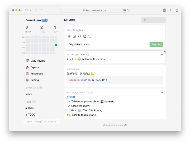memos：具有知识管理和社交网络的开源自托管备忘录中心，在几秒钟内使用 Docker 进行部署特征🦄开源且永远免费🚀Docker在几秒钟内支持自托管📜Plain textarea first 并支持一些有用的 Markdown 语法👥将备忘录设置为私有或对其他人公开🧑‍💻用于自助服务的 RESTful API📋使用 iframe 在其他网站上嵌入备忘录#️⃣用于组织备忘录的标签📆交互式日历视图💾轻松的数据迁移和备份