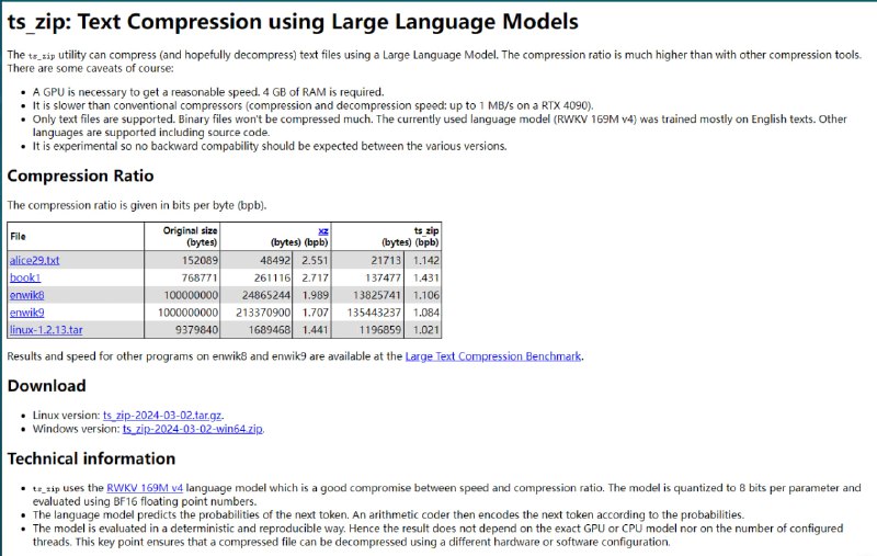使用大型语言模型进行文本压缩的实用工具，与其他压缩工具相比，具有更高的压缩比