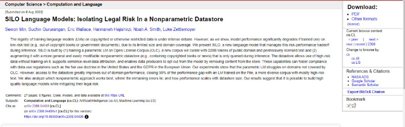 SILO是一种新的语言模型，通过在推断时使用非参数化数据存储来平衡法律风险和性能，从而在不训练高风险数据的情况下提高性能，并支持数据归因和内容移除