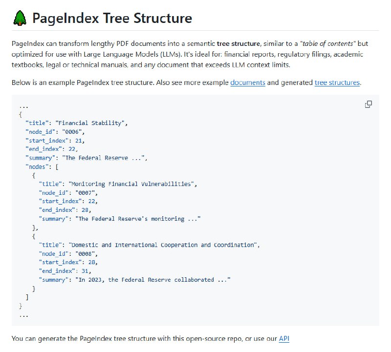 向量数据库被颠覆？一个无需嵌入的RAG新思路 | github最近开源社区出现了一个有意思的项目PageIndex，它提出了一种完全不同的RAG实现路径：用文档树结构替代传统的向量嵌入，在FinanceBench基准测试上达到了98.7%的准确率