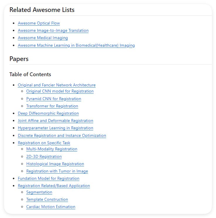 医学图像配准资源库：汇集了关于医学图像配准的各类有用资料、论文和代码，是该领域研究者的宝贵资料库Awesome Medical Image Registration | #医学医学图像配准资源库：汇集了关于医学图像配准的各类有用资料、论文和代码，是该领域研究者的宝贵资料库Awesome Medical Image Registration | #医学
