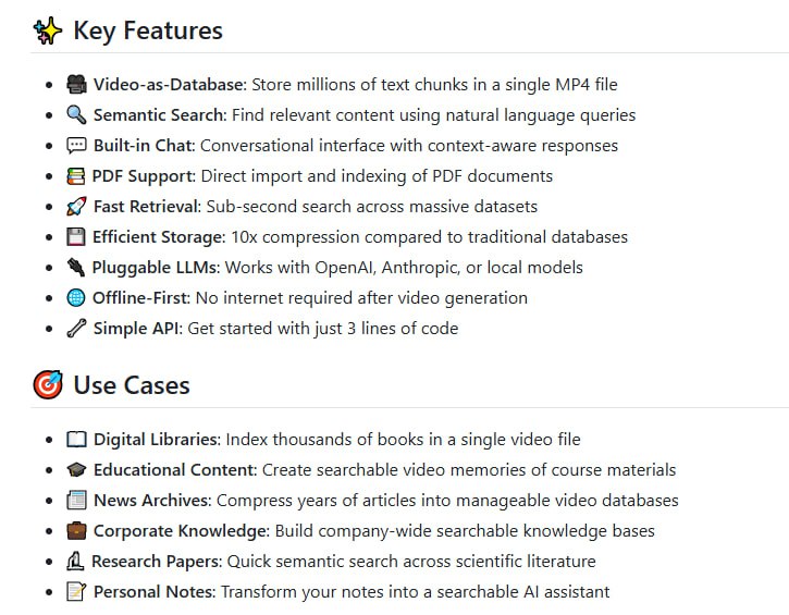Memvid：用视频存储文本，秒速检索，无需数据库存储效率惊人，10倍压缩传统数据库；检索速度飞快，亿级文本秒级响应；离线也能用，生成视频后无需联网Memvid：用视频存储文本，秒速检索，无需数据库存储效率惊人，10倍压缩传统数据库；检索速度飞快，亿级文本秒级响应；离线也能用，生成视频后无需联网