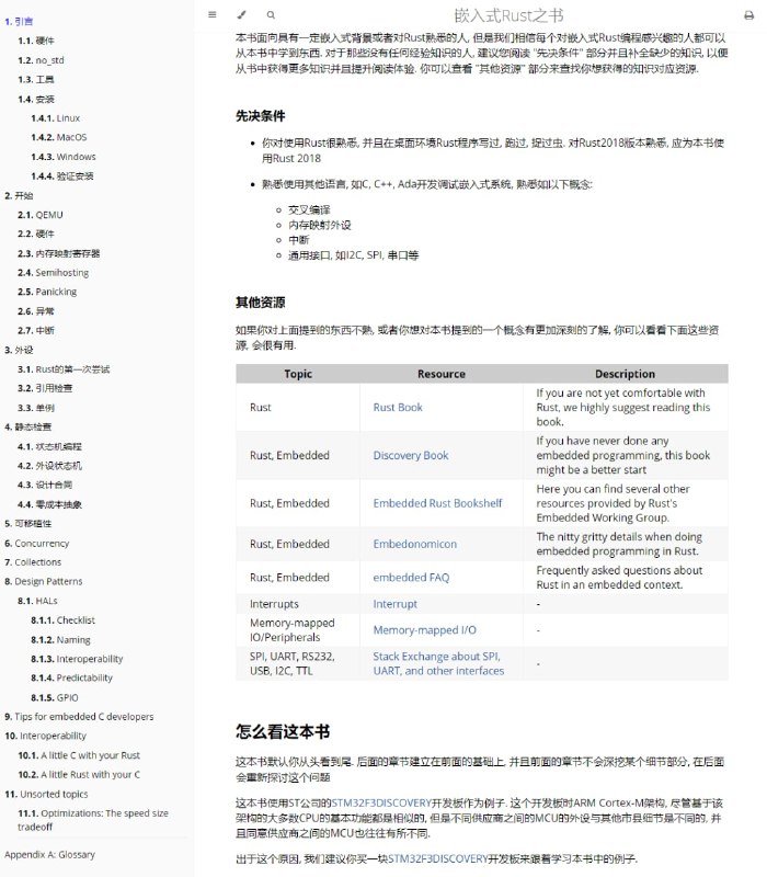 嵌入式Rust之书本书是使用Rust在如微控制器(MCU)的"裸金属"嵌入式系统上编程的引导这本书的目标是:·让开发者快速上手Rust嵌入式开发. 例如, 如何建立开发环境·分享当前使用Rust进行嵌入式开发的最佳实践. 例如, 如何最好地使用Rust编写更加正确的嵌入式应用·在某些情况下提供一个开发指南. 例如, 如何在一个项目中混用C与Rust.本书试着尽可能涵盖各种体系, 但是为了让读者与作者~~还有翻译~~更轻松，在所有实例中都是用ARM Cortex-M架构，但本书并不建立在读者熟悉该架构的基础上, 会在需要的地方解释架构的细节index | #电子书 #Rust