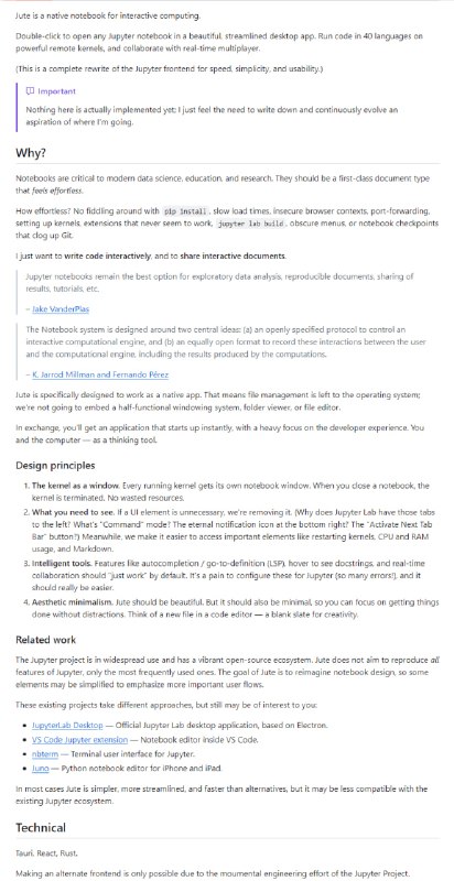 Jute：用于交互式计算的本地笔记本，通过双击打开任意Jupyter Notebook，提供了一个精美的桌面应用，可以在强大的远程内核上运行40种编程语言的代码，并支持实时多人协作