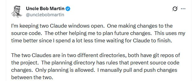 Bob大叔的双Claude工作流：把AI当新人带的智慧 | 帖子软件工程界的传奇人物Bob大叔最近分享了他使用AI编程的独特方法，引发了开发者社区的热烈讨论