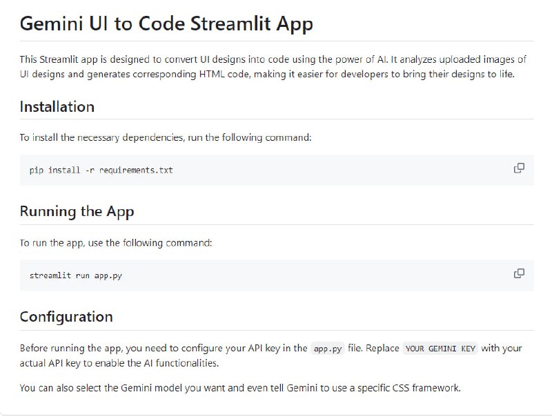 Gemini UI to Code Streamlit App：利用AI技术将UI设计图转换为代码，帮助开发者轻松实现设计到代码的转换过程，提高开发效率
