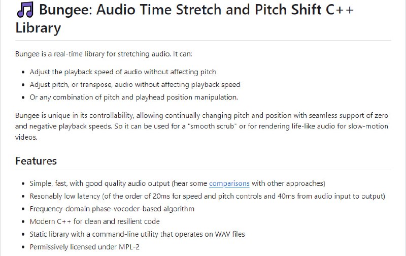 Bungee-音频处理库：实时音频伸缩与音高变换的C++库，支持无影响音高的音频播放速度调整和不影响播放速度的音高调整，以及音高与播放位置的任意组合操作