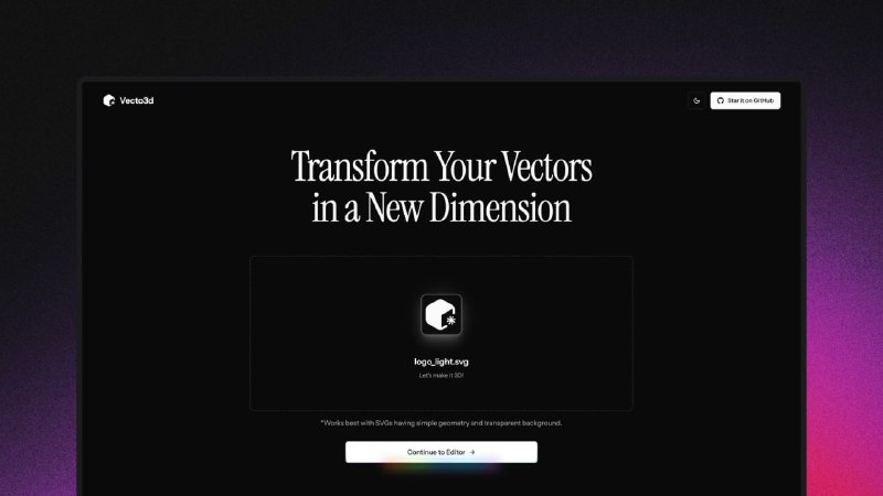 一键将SVG转换为3D模型，操作简单；提供多种自定义选项，包括几何形状、材质和环境；支持导出STL、GLB和GLTF格式，满足不同需求Vecto3D | #工具