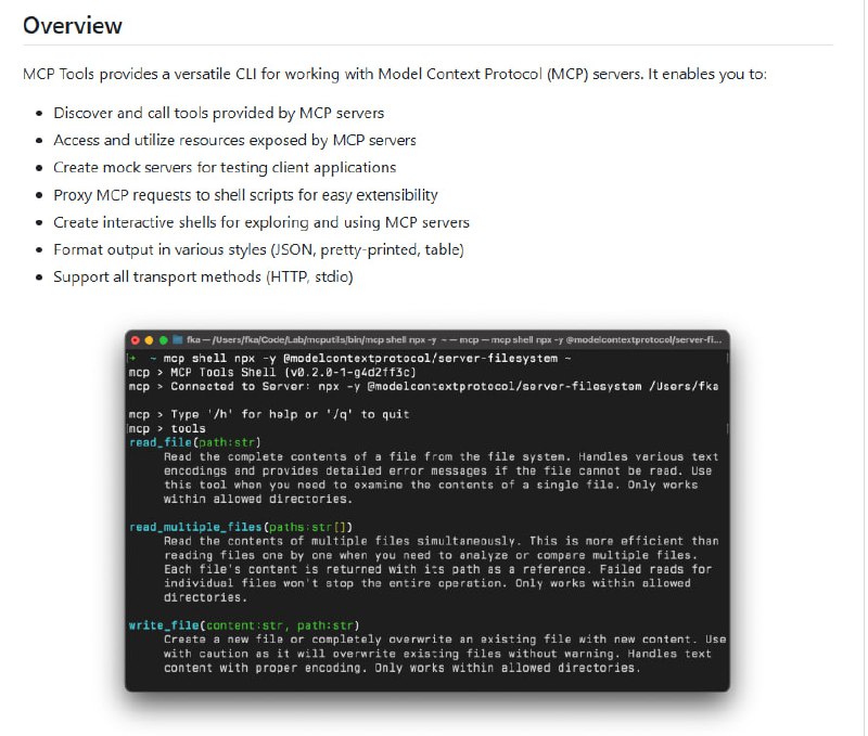 一款强大的命令行工具，用于与MCP服务器交互，轻松实现工具调用、资源访问和服务器模拟