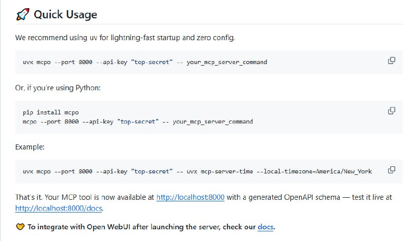 open-webui/mcpo：一个简单、安全的MCP到OpenAPI代理服务器，让任何MCP工具瞬间变成兼容OpenAPI的HTTP服务器