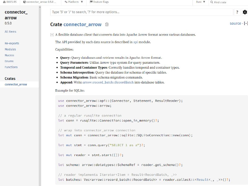 Connector Arrow：多数据库的Apache Arrow格式数据客户端，支持多种数据库的数据交互与操作，简化数据转换与迁移过程