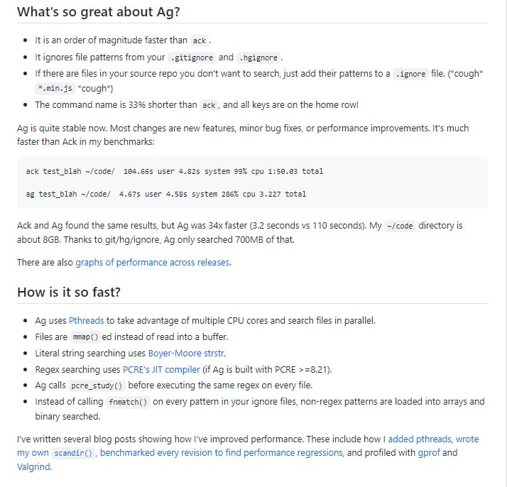 Silver Searcher (ag)是一种用于在大型代码库中快速搜索特定字符串或模式的工具