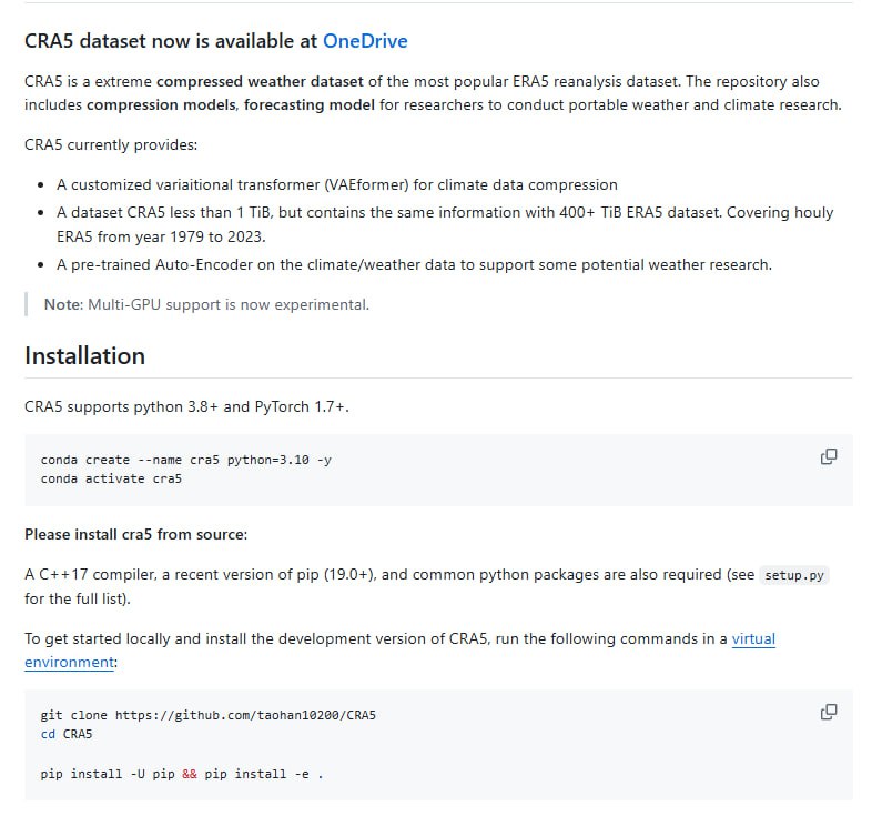 CRA5：将400+TB气象数据压缩到0.8TB的模型，让气候研究不再被数据存储困扰！压缩比高达500倍，极大节省存储空间；提供预训练模型，支持快速上手；覆盖1979-2023年全球小时级气象数据，信息完整CRA5：将400+TB气象数据压缩到0.8TB的模型，让气候研究不再被数据存储困扰！压缩比高达500倍，极大节省存储空间；提供预训练模型，支持快速上手；覆盖1979-2023年全球小时级气象数据，信息完整