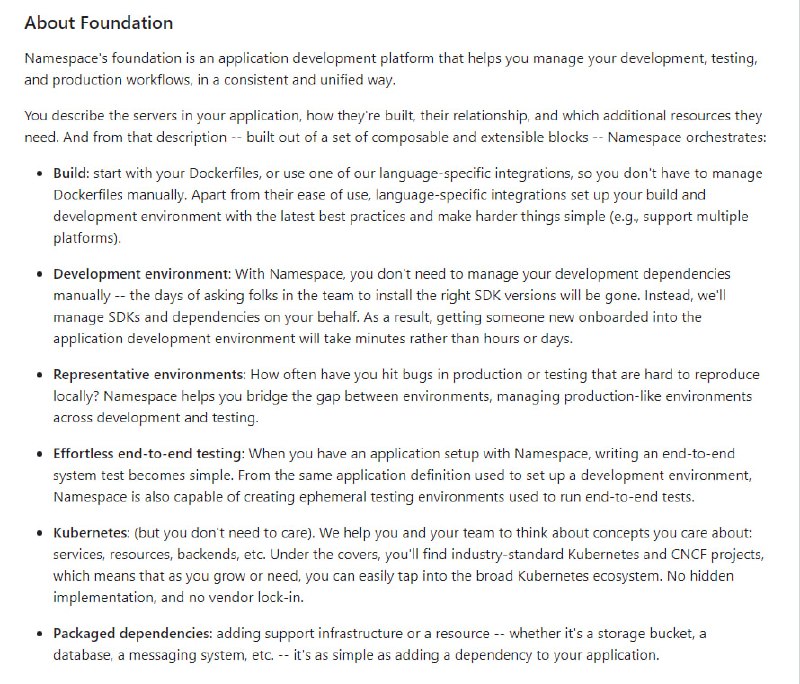 Namespace Foundation：开源Kubernetes应用平台，为Namespace的开发者优化计算平台提供动力，支持构建、测试和部署