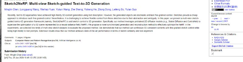 Sketch2NeRF是一种多视角草图引导的文本到3D生成模型，能生成类似于多视角草图的高保真度3D对象，利用预训练2D扩散模型来优化神经辐射场(NeRF)表示的3D场景，提出一种新的同步生成和重构方法来有效优化NeRF