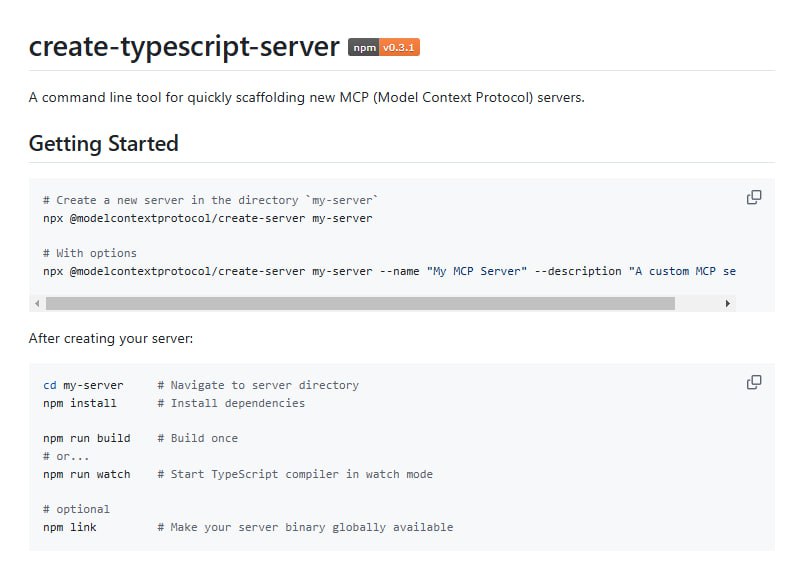 快速搭建TypeScript MCP服务器的CLI工具一键生成TypeScript服务器框架，节省开发时间；支持自定义服务器名称和描述，灵活适配项目需求；提供完整的构建和部署流程，助力高效开发create-typescript-server | #工具