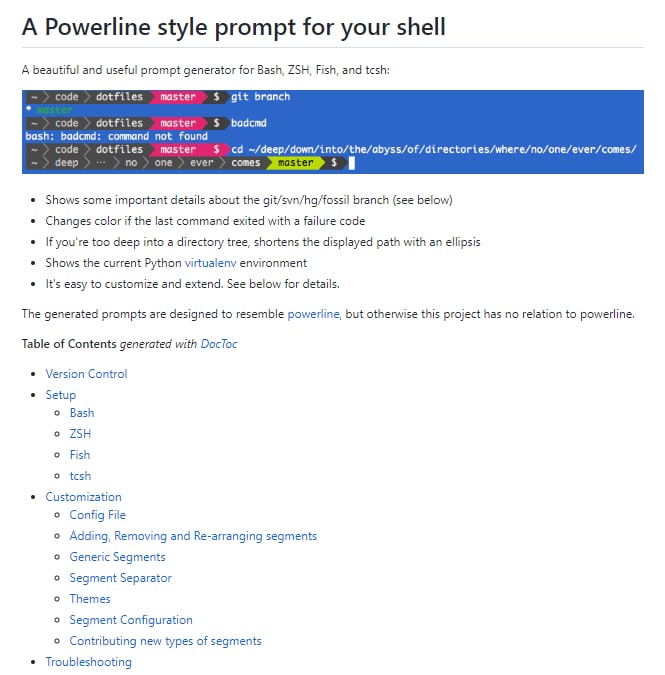 一个漂亮有用的 Bash、ZSH、Fish 和 tcsh 提示生成器，它有以下特点📌 显示有关 git/svn/hg/fossil 分支的一些重要细节📌 如果最后一个命令以失败代码退出，则更改颜色📌 如果对目录树过于深入，可以使用省略号缩短显示的路径📌 显示当前 Python virtualenv 环境📌 它很容易定制和扩展