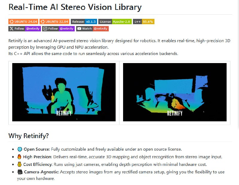 Retinify：面向机器人应用的实时 AI 立体视觉库，专注高精度 3D 感知与深度估计，充分利用 GPU 和 NPU 加速，支持多后端无缝运行