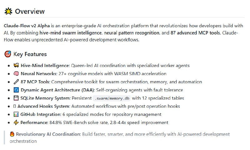 Claude-Flow：革命性的AI编排平台，让AI开发更智能、更高效采用蜂巢思维架构，实现智能Agent协同工作；配备87种高级MCP工具，功能强大；84.8%的SWE-Bench解决率，性能卓越Claude-Flow：革命性的AI编排平台，让AI开发更智能、更高效采用蜂巢思维架构，实现智能Agent协同工作；配备87种高级MCP工具，功能强大；84.8%的SWE-Bench解决率，性能卓越