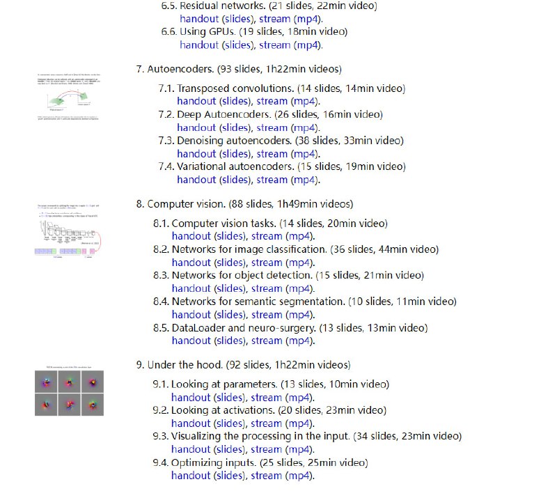 瑞士日内瓦大学 François Fleuret 的深度学习课程 | 课程地址 | #机器学习本课程全面介绍深度学习，并提供PyTorch 框架中的示例：machine learning objectives and main challenges,tensor operations,automatic differentiation, gradient descent,deep-learning specific techniques,generative, recurrent, attention models.课程包含14x050 的幻灯片、录音和虚拟机 