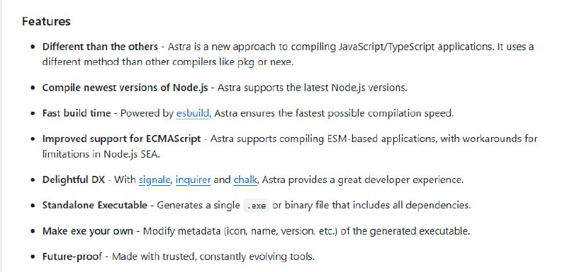 Astra Compiler：一款超快、超可靠的js-to-exe编译器，让JavaScript项目轻松变成可执行文件！编译速度快，得益于esbuild技术；最终生成的exe文件体积小，平均仅70-80MB；支持最新版Node.js，适配Express、Fastify等主流框架Astra Compiler：一款超快、超可靠的js-to-exe编译器，让JavaScript项目轻松变成可执行文件！编译速度快，得益于esbuild技术；最终生成的exe文件体积小，平均仅70-80MB；支持最新版Node.js，适配Express、Fastify等主流框架