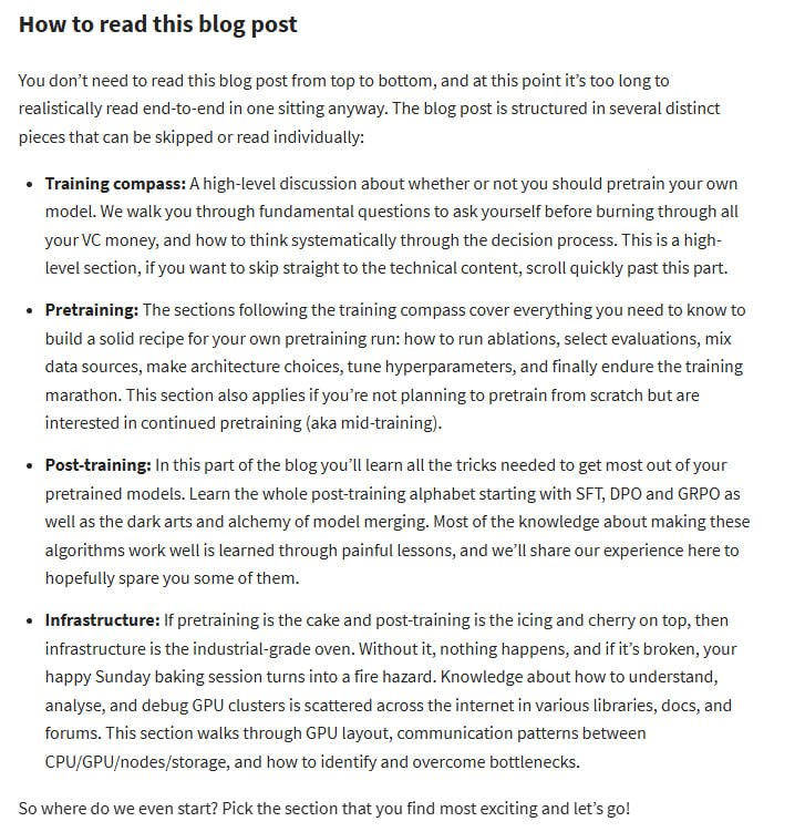 The Smol Training Playbook: The Secrets to Building World-Class LLMs一篇来自Hugging Face的推文详解了训练世界级大型语言模型（LLM）的关键秘诀