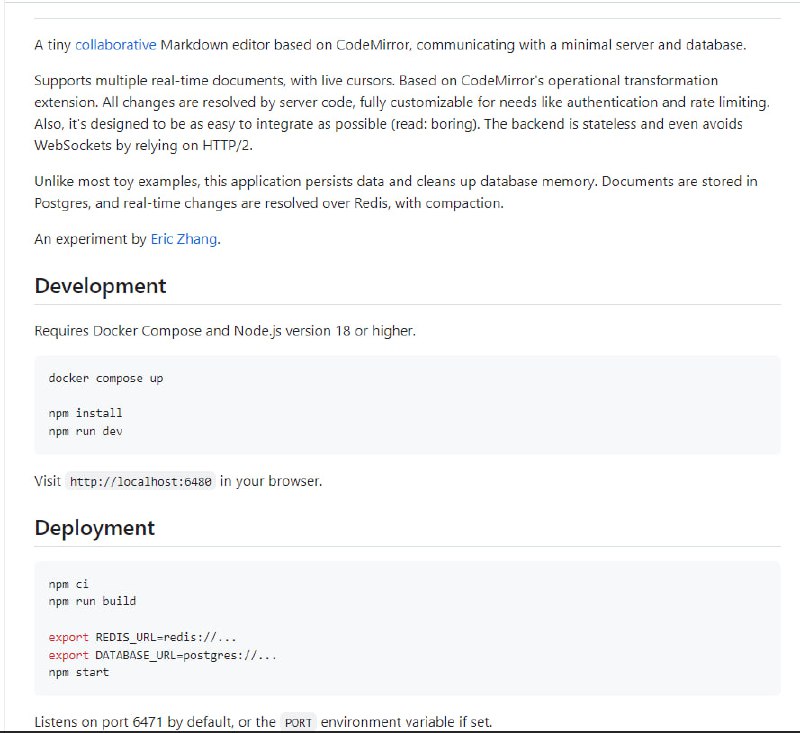 基于CodeMirror的微型协作Markdown编辑器，支持多个实时文档和光标同步，易于集成，数据持久化，性能优化，适用于各种需求，开发和部署简单