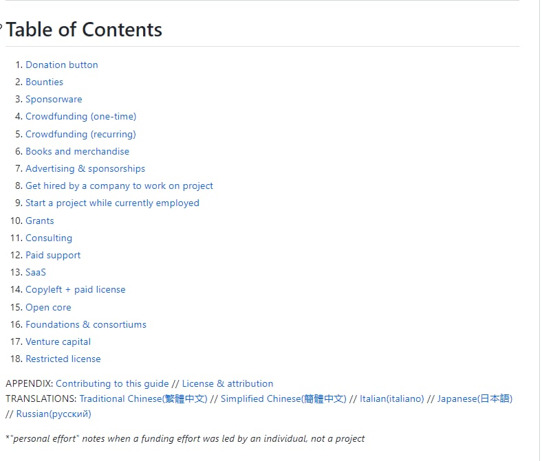 开源项目挣钱实用手册以下为作者语："我在参与开源项目，但是我该如何挣钱呢？"我列出了我从各种渠道所知道的开源项目带来收入的人们的故事，每种出资类型都有一系列的真实案例，粗略的按照出资量从小到大排列